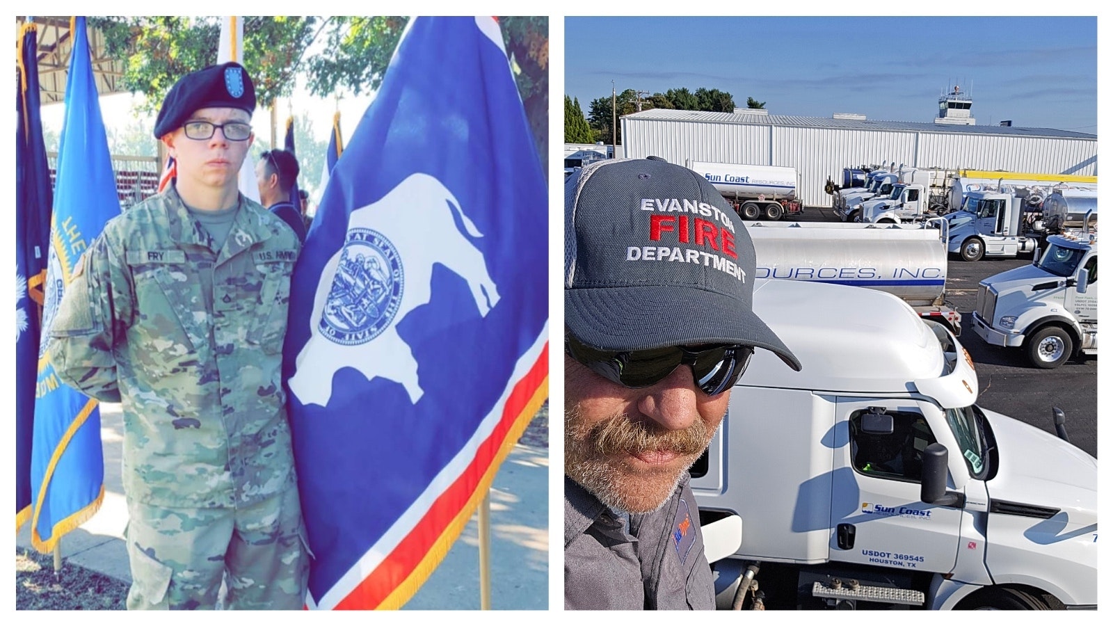 Jaron Fry, right, is among truck drivers helping deliver fuel to hurricane-affected areas like North Carolina. Right, Caden Fry poses with a Wyoming flag his family sent hiim while he's serving overseas.