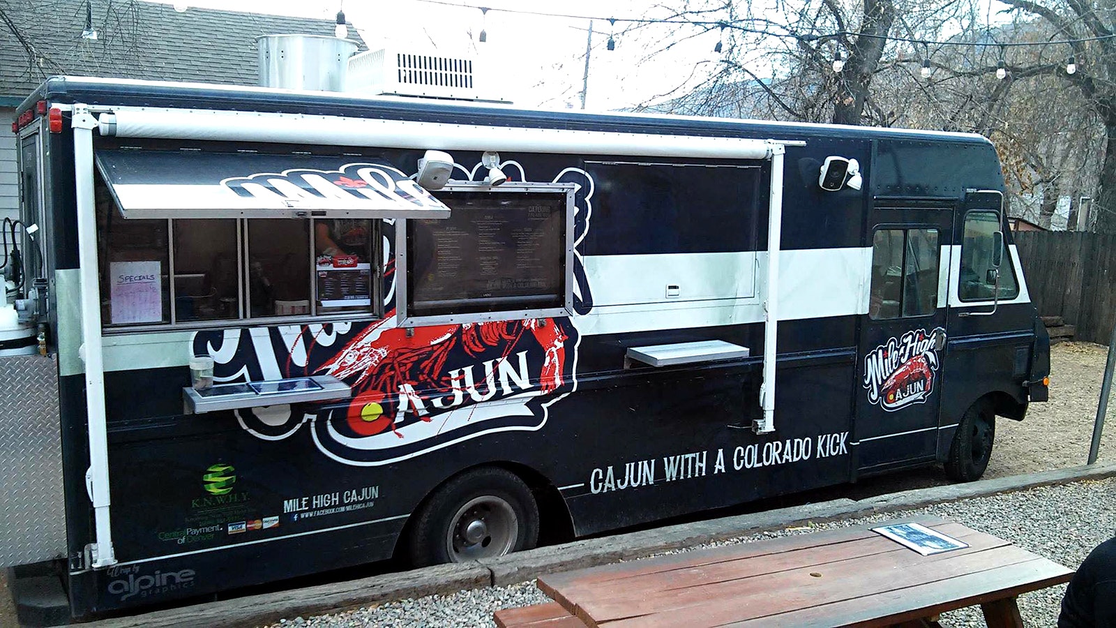 Mile Hi Cajun food truck located on Highway 89 in Alpine, Wyoming.
