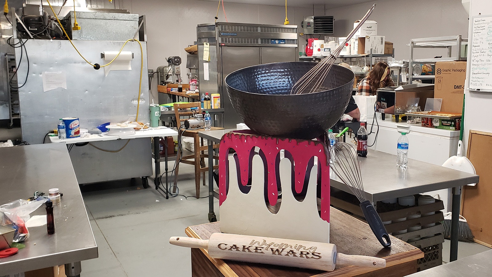 An epic cake competition needs an epic trophy. This one was made by the woodworking and welding classes at Carbon County Higher Education Center. The whisk actually spins around in the mixing bowl on top of a cake slice made by welding students.