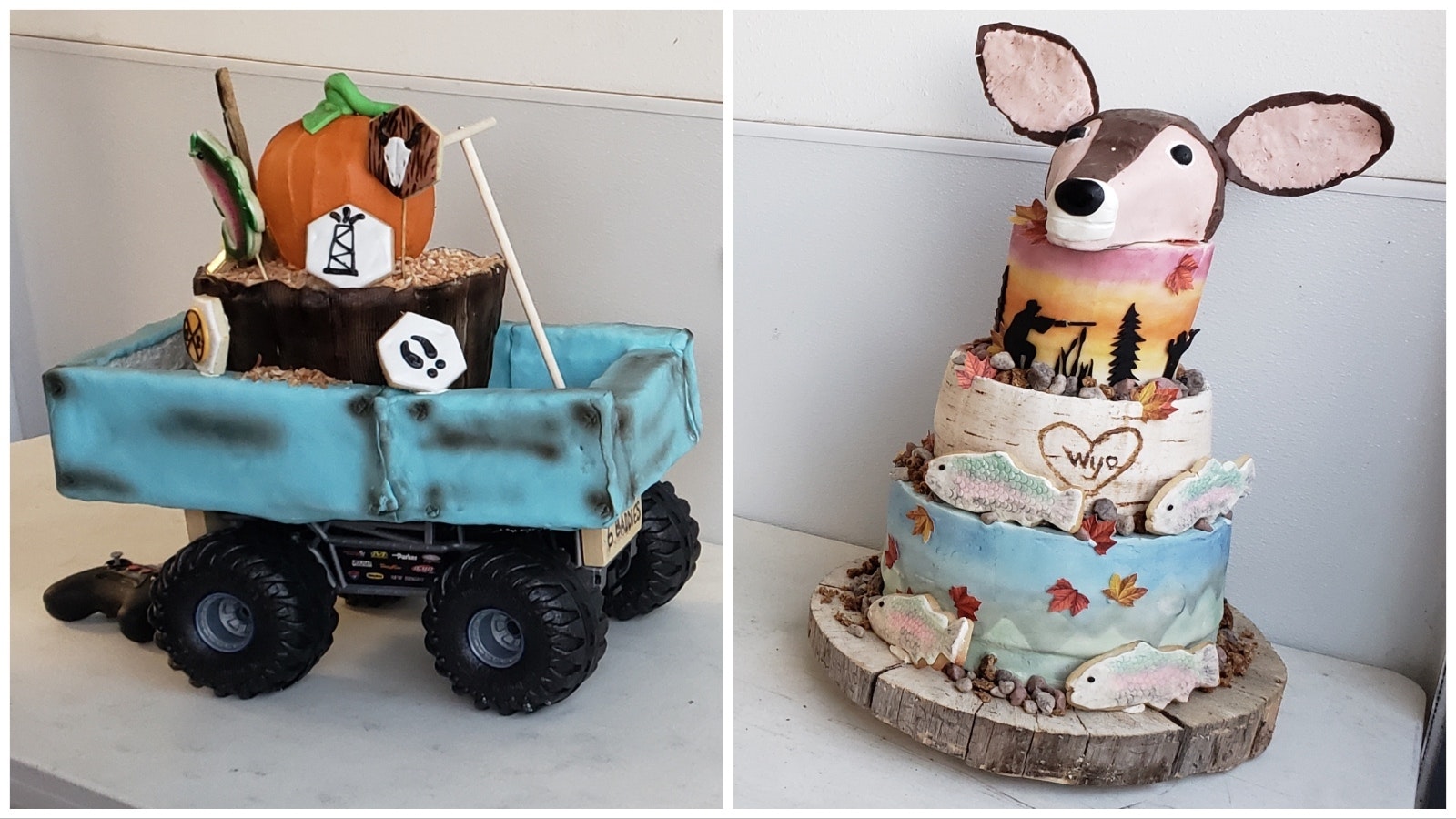 At left, a remote-controlled car carries the basket spice cake and pumpkin-shaped chocolate Guinness cake made by the Baddie Bakers. At right is "Hot" Pink Bakers' three-tier layer cake with three flavors, topped with a deer head made from pound cake and modeling chocolate. Judges chose the remote-control car cake as their favorite, but the crowd voted with their dollars for the "Hot" Pink Bakers cake, paying $120 for it, versus $55 for the other.