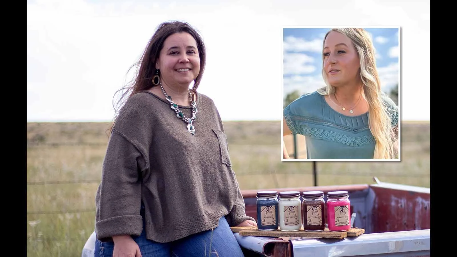 Jackie Miller Reeves owns Rustic Enigma, which produces Calf Slobbers candles and other scented products. "It is a very pleasant scent," she said. Inset, Lana Davis, owner of Wesley's Boutique in Sumner, Nebraska, often photographs merchandise on her family's pastureland, incorporating the landscape and agricultural heritage into the business.