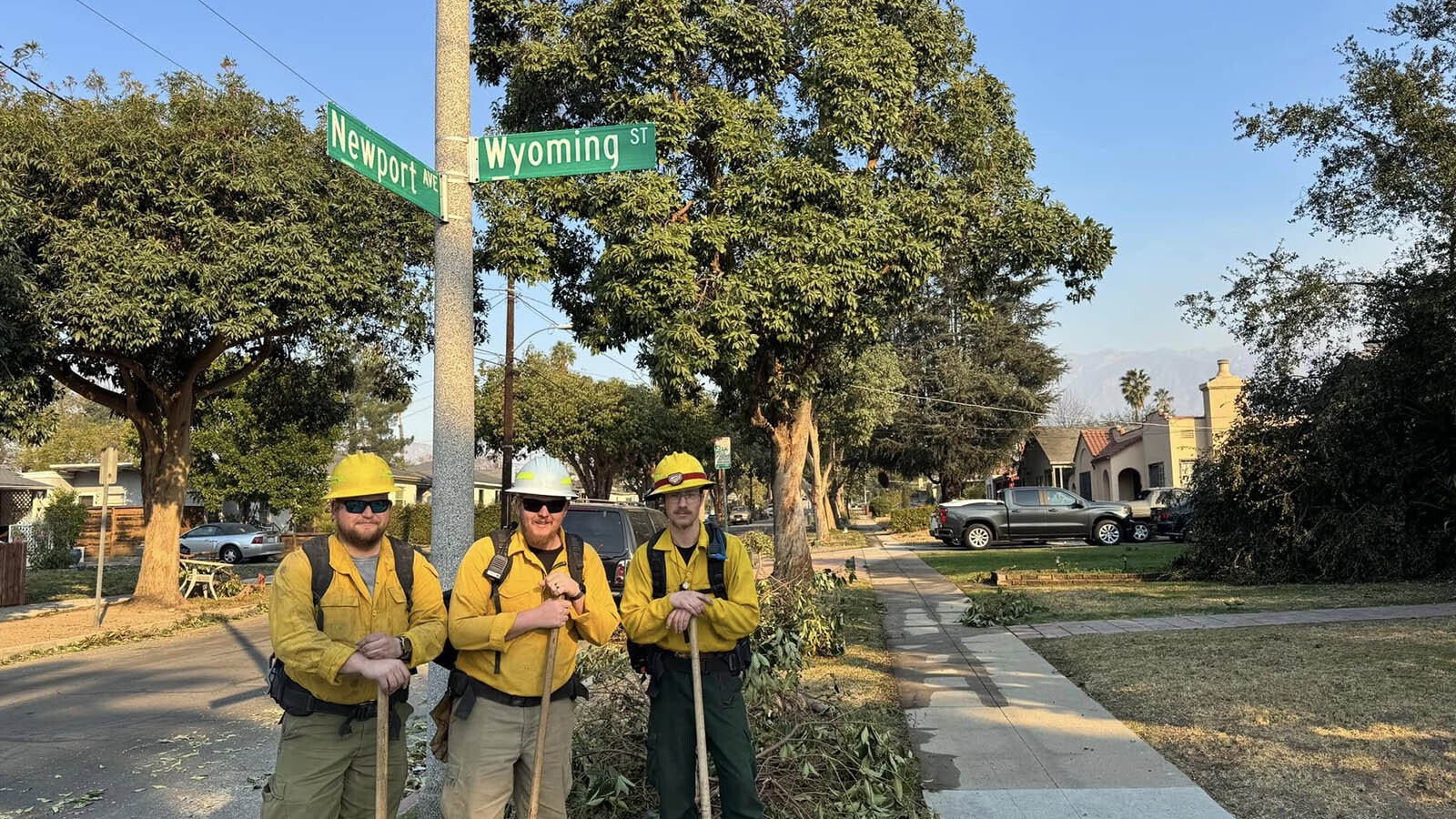 A Fremont County Fire Protection District crew in the Los Angeles area helping fight wildfires found a familiar place to take a quick break — the intersection of Wyoming Street and Newport Avenue.