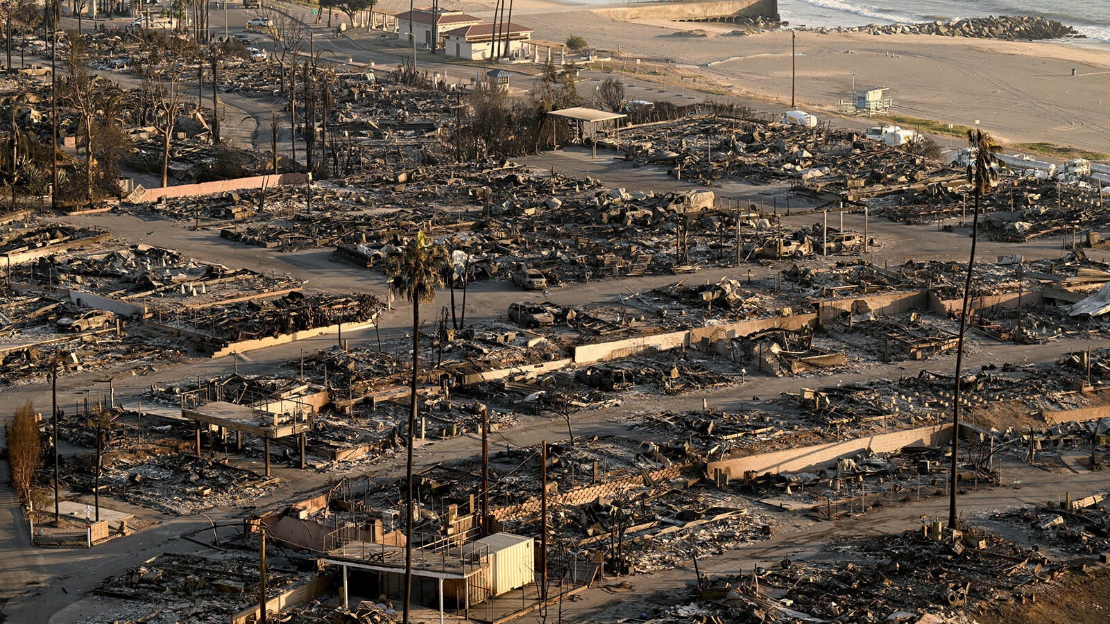 View of damaged structures and homes caused by the Palisades Wildfires in the Pacific Palisades neighborhood of Los Angeles on Jan. 11, 2025 in Los Angeles, California.