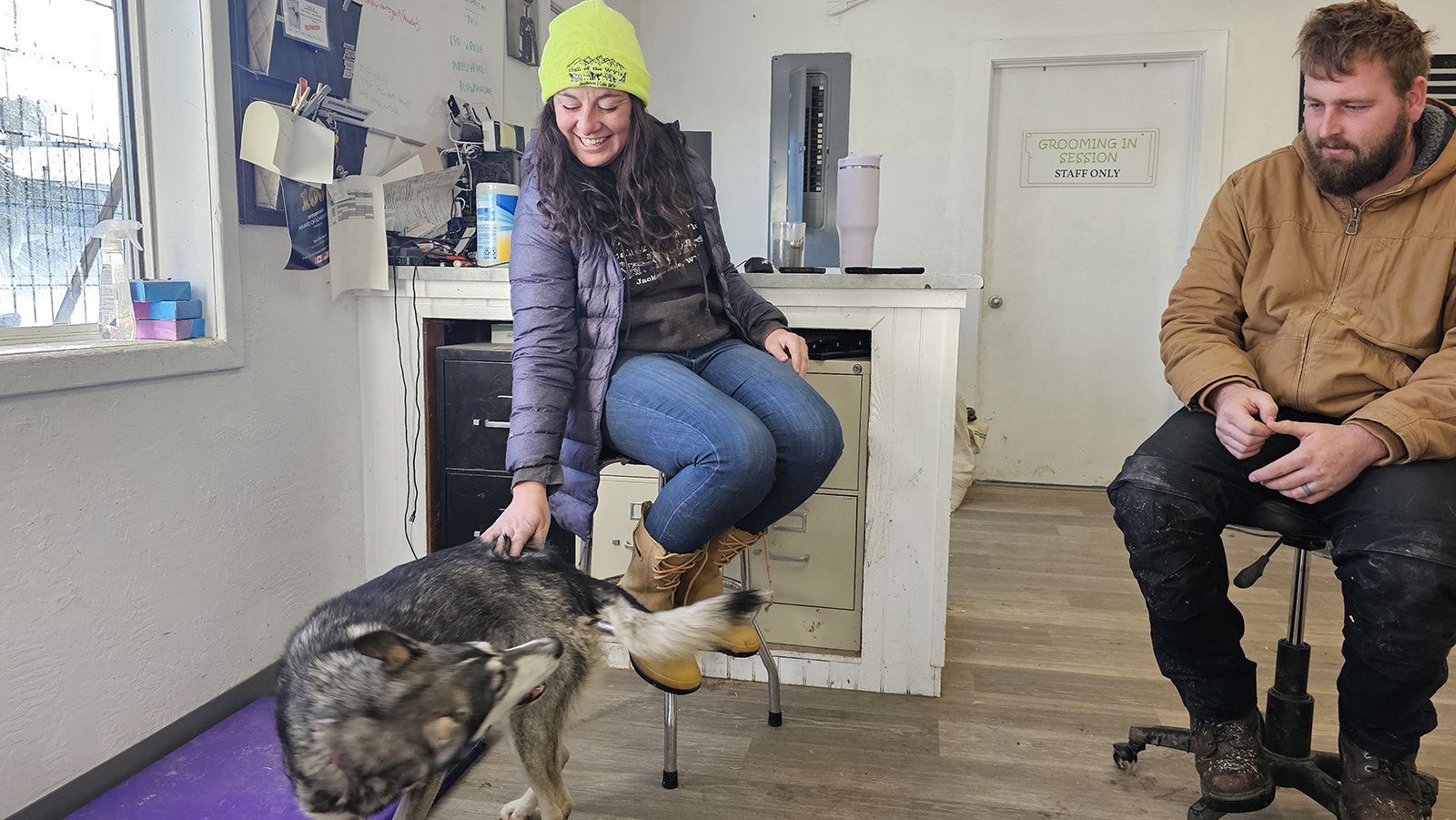 Abby Tarver, left, gives Electra some back scratches while her husband, Michael Tarver, looks on. The two own the Call of the Wyld dog sledding tour business in Jackson Hole.