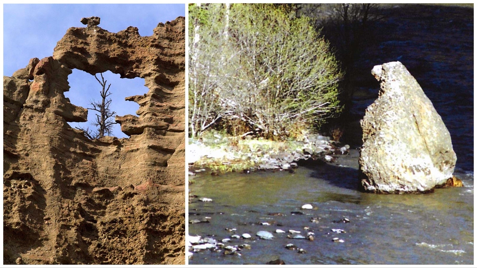 Cameo Rock, left, is one of the formations visible along the North Fork of the Shoshone, along with Fishing Bear Rock, right.