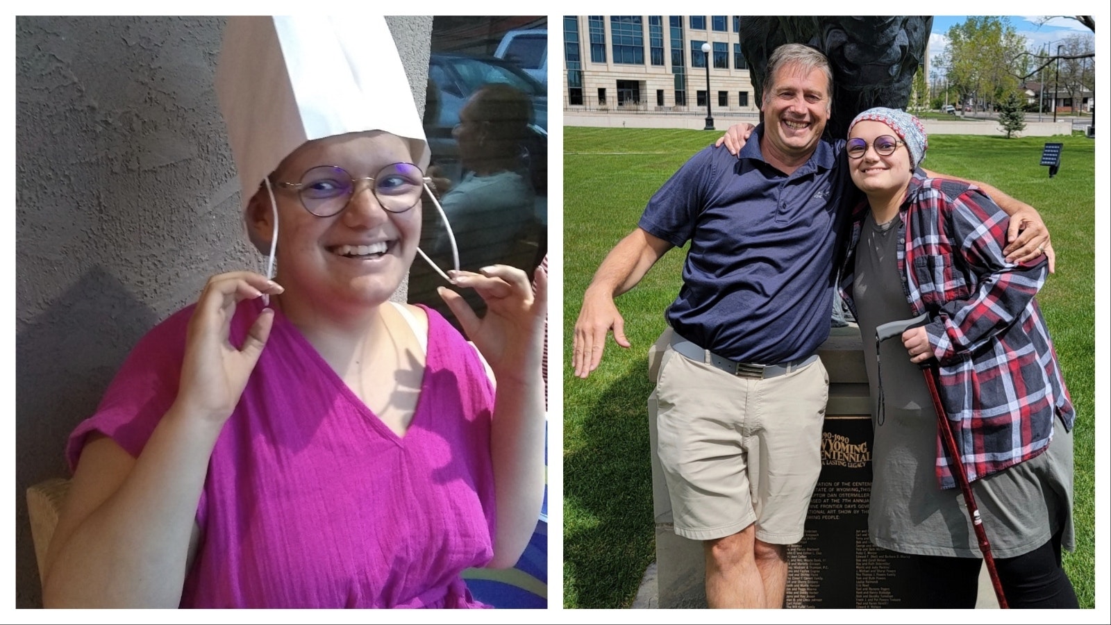 Left, When you lose your hair to chemotherapy, you make do with whatever head gear is available! Adelaide Bomberger, 18, has kept her smile despite battling brain cancer from the time she was 15 years old. Right, Adelaide Bomberger poses with UW Band Director Matthew Scholomer before the UW Symphonic Band performs her song, “Beyond Her Years.”