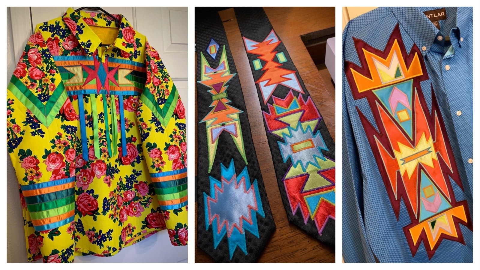 A dress shirt, from left, men's ties and a shirt appliqué.