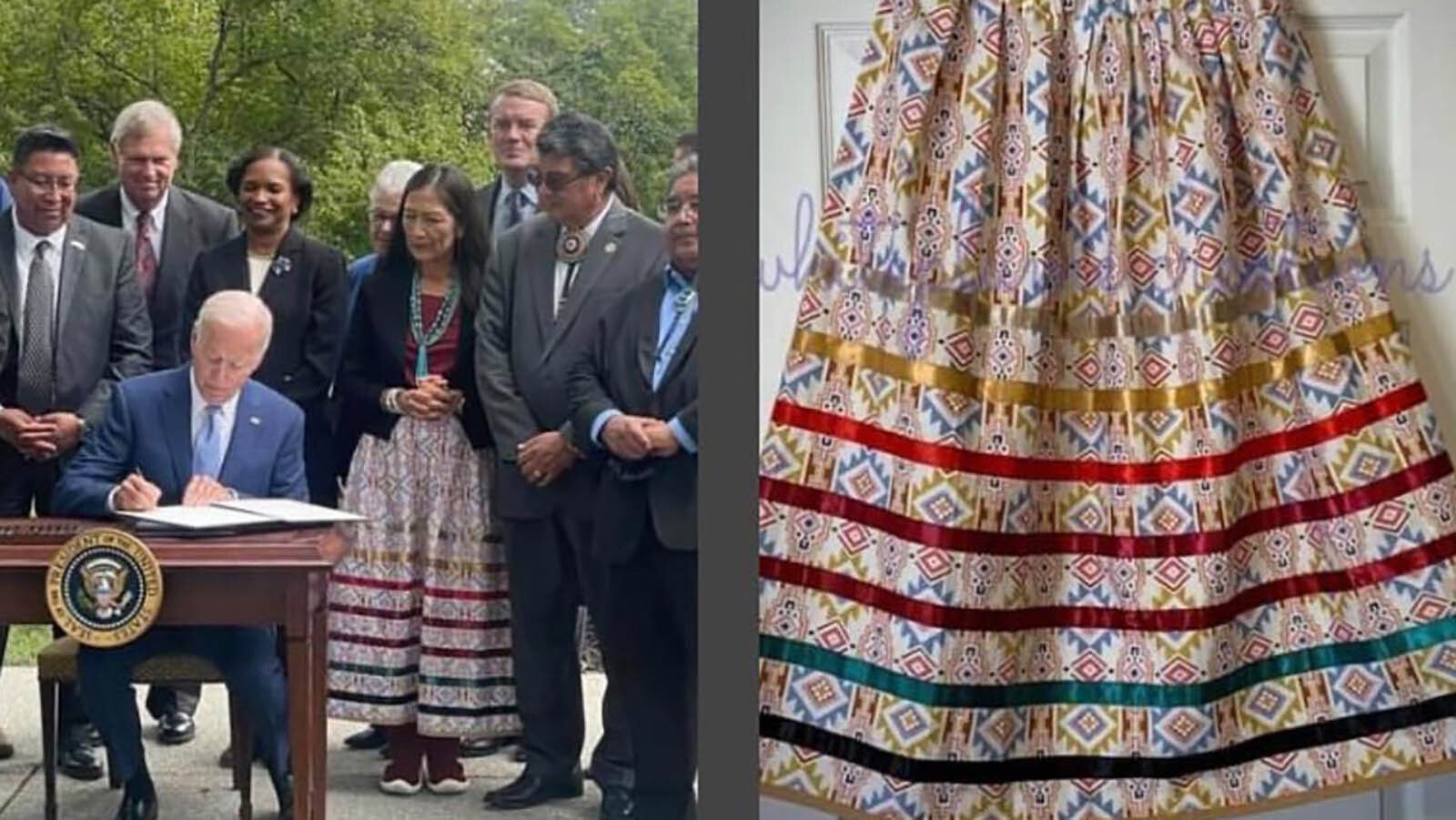 Secretary of Interior, Deb Haaland, wore a Whiteplume Creations ribbon dress when attending a ceremony with the President. It was a huge honor for Candace Toledo that Haaland chose to wear one of her dresses.