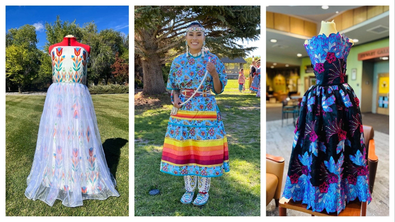 A wedding dress, left, festive dress, center, and homecoming dress created by Candace Toledo.