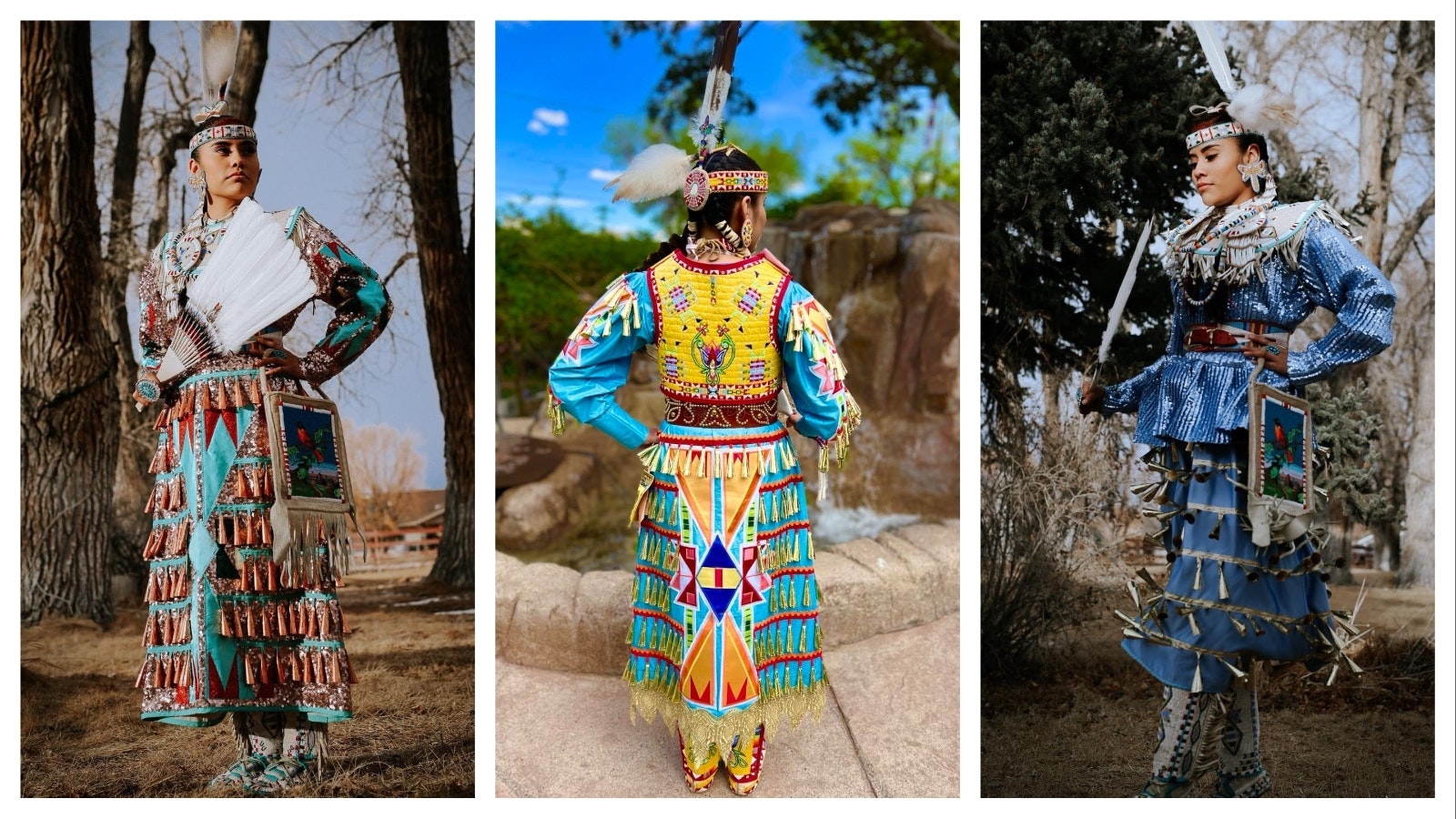 Zariah Whiteplume in a series of jingle dresses designed and made by her mother, Candace.