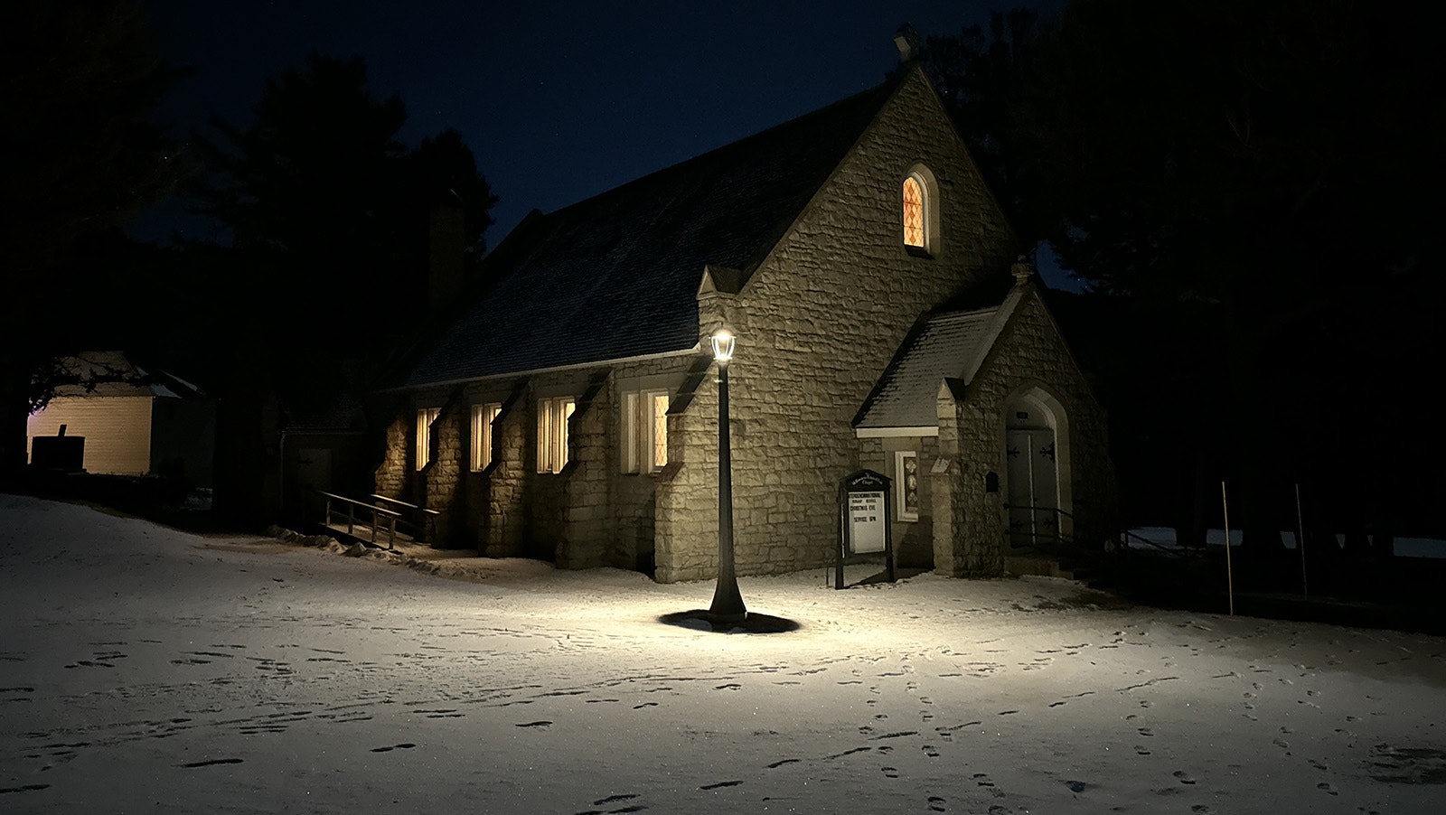 It was a peaceful scene outside the Mammoth Hot Springs Chapel on Christmas Eve.