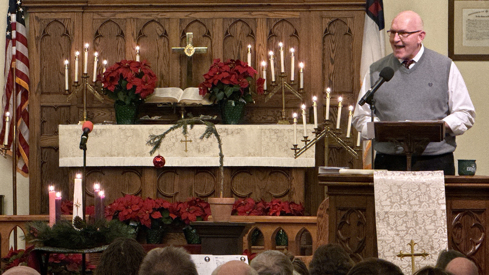 Jeff Ballard, pastor of the Gardiner Community Church, presents the annual Christmas Eve program at Mammoth Hot Springs Chapel.