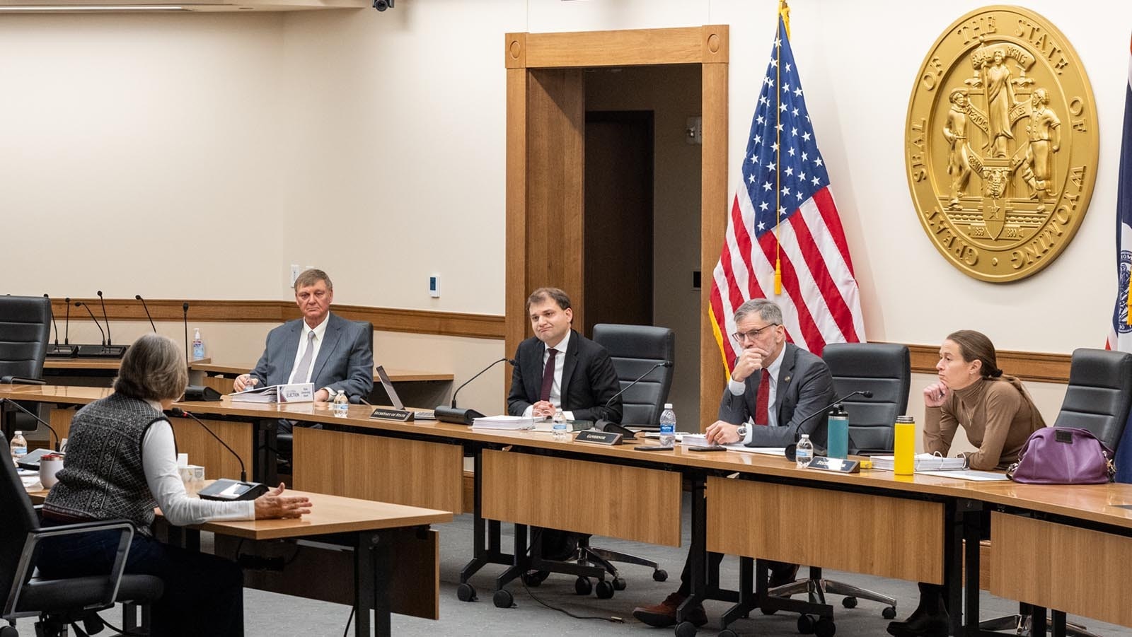 Kathy Russell speaks at the Wyoming State Canvassing Board Meeting to certify the results of the 2024 election at the Wyoming Capitol Auditorium in Cheyenne, Wyoming, on Nov. 13, 2024.