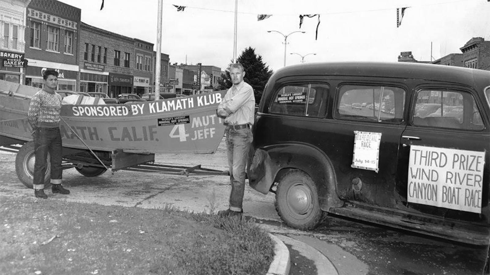 A parade complete with bikini girls was held each Memorial Day in Thermopolis, Wyoming. Pictured are the fourth-place winners sponsored by the Klamath Klub in California, Ronnie Gensaw and Jack McKeller.