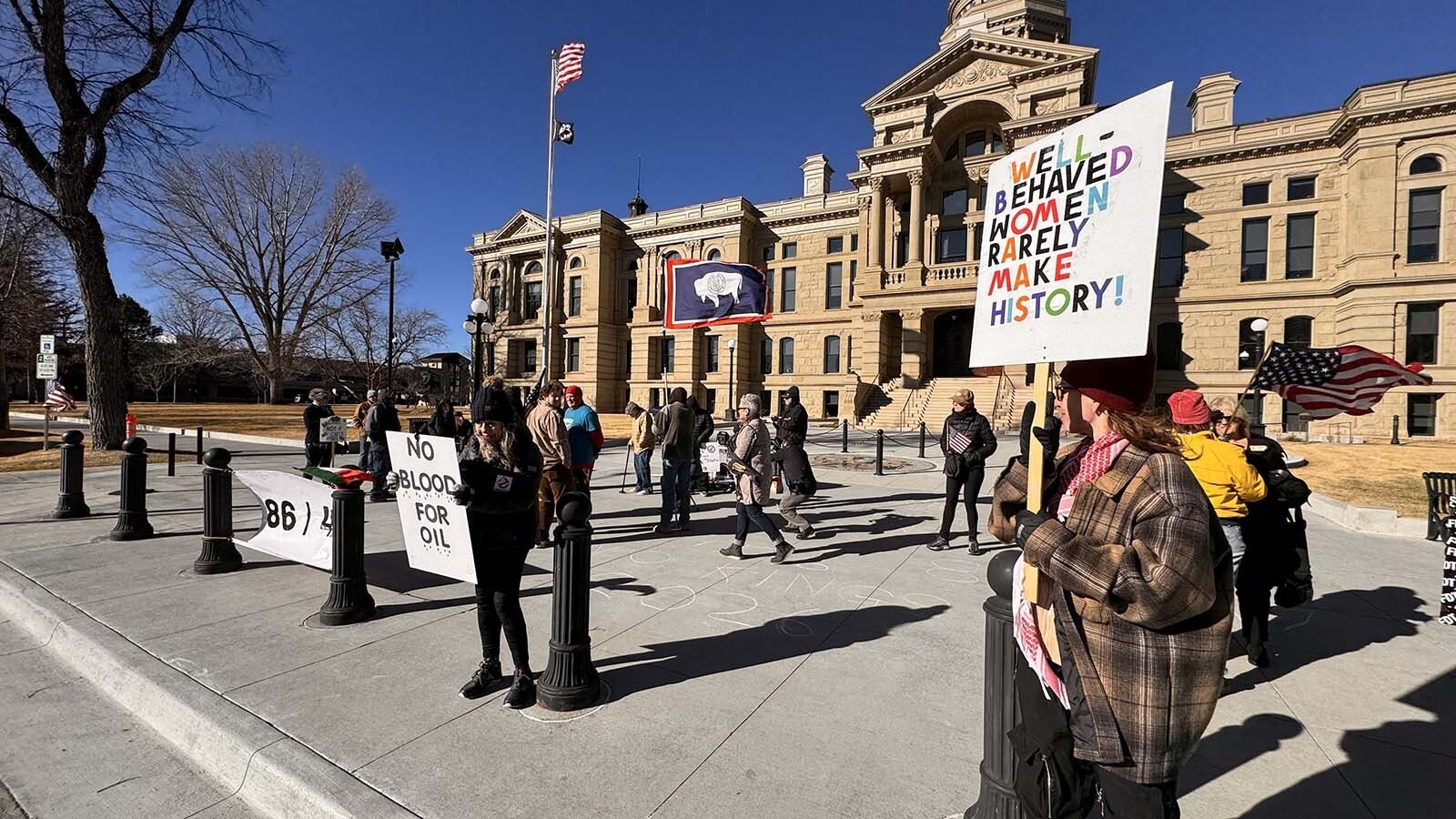 An small, loosely organized “86/47” demonstration at the Wyoming Capitol against President Donald Trump on the anniversary of Jan. 6, 2021, turned into a buffet-style protest Tuesday. Also targeted were Republicans and the U.S. incursion into Venezuela.