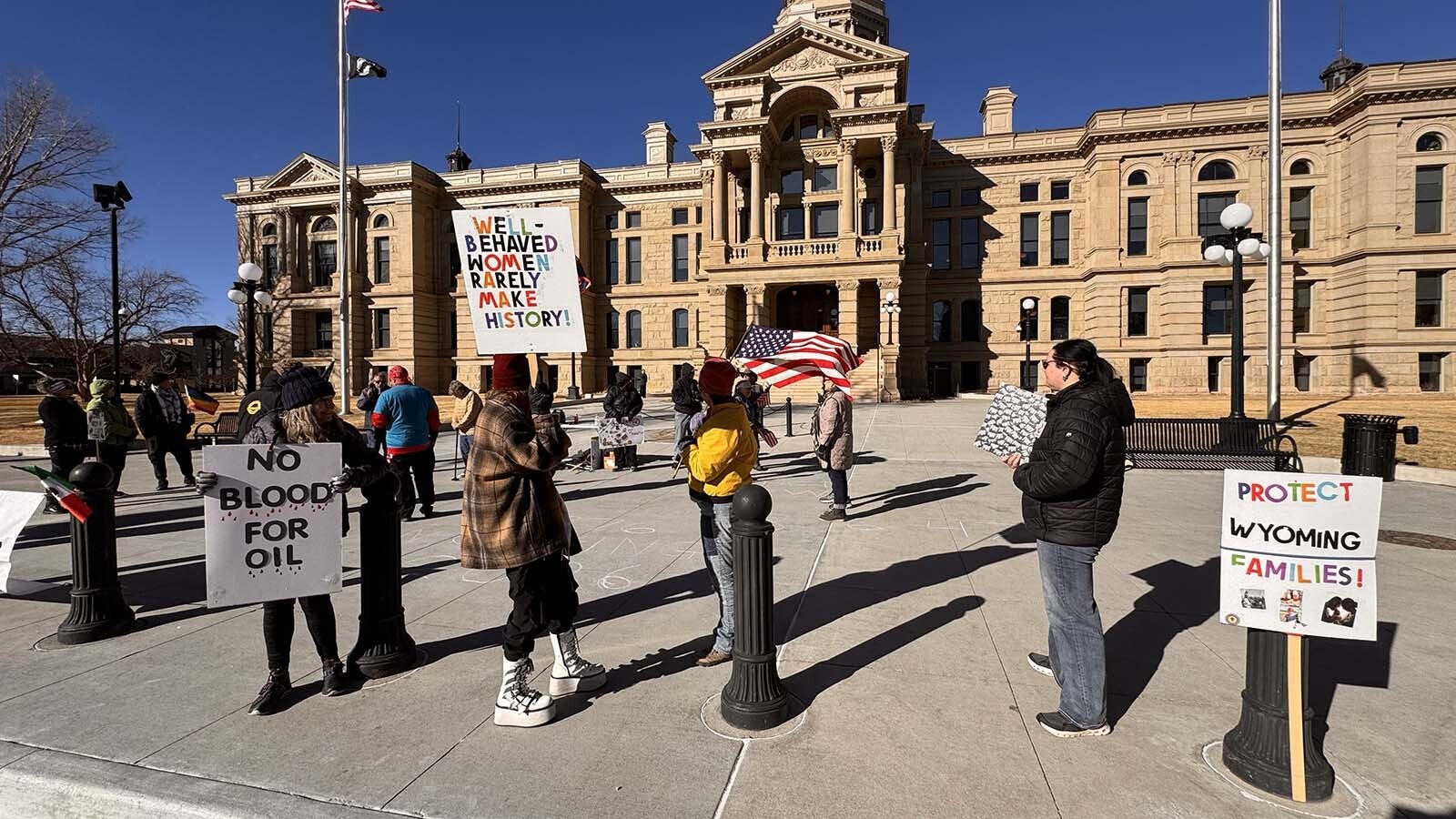 An small, loosely organized “86/47” demonstration at the Wyoming Capitol against President Donald Trump on the anniversary of Jan. 6, 2021, turned into a buffet-style protest Tuesday. Also targeted were Republicans and the U.S. incursion into Venezuela.
