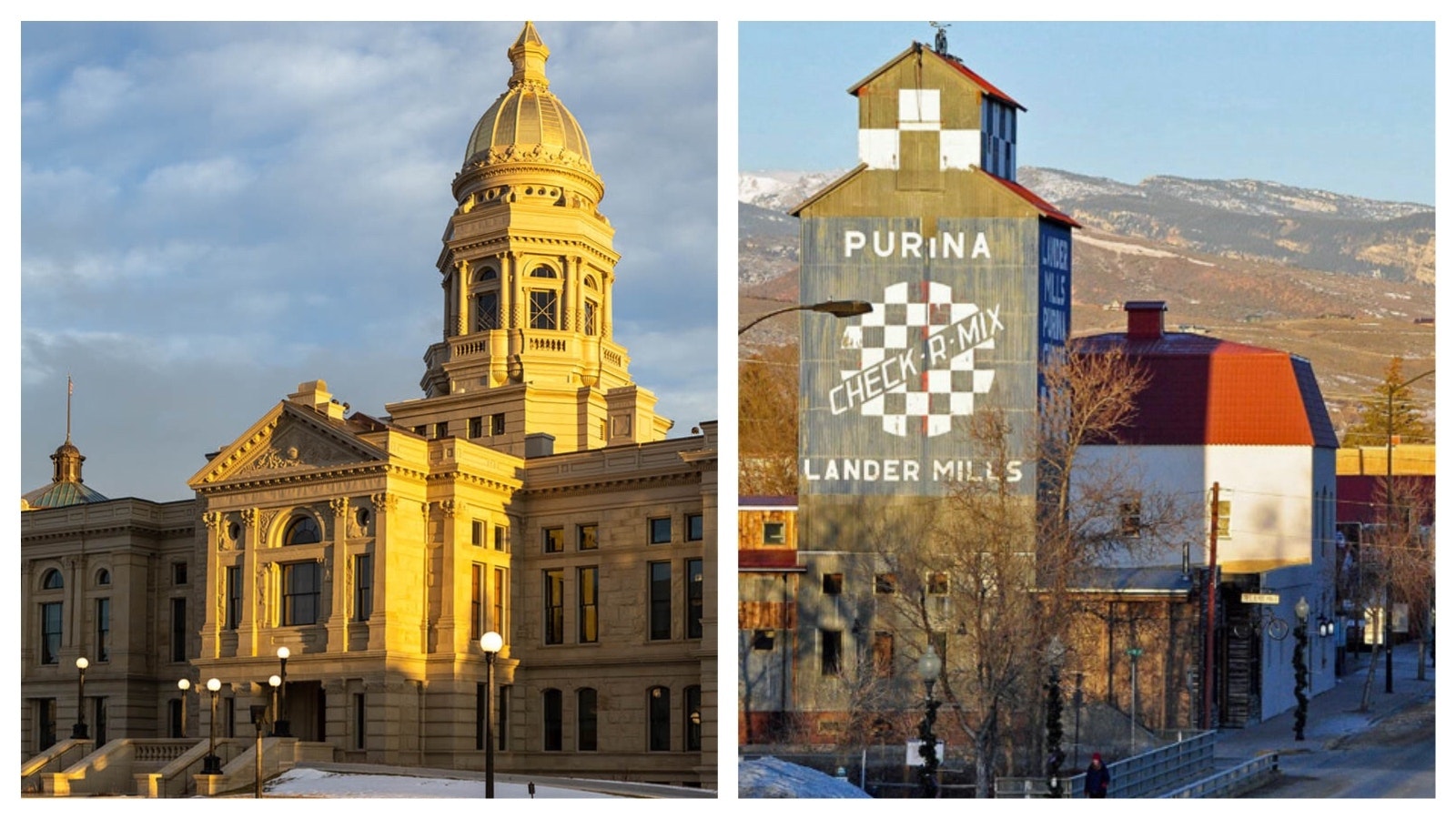 The Wyoming Capital in Cheyenne, left, and Lander's famous main street.