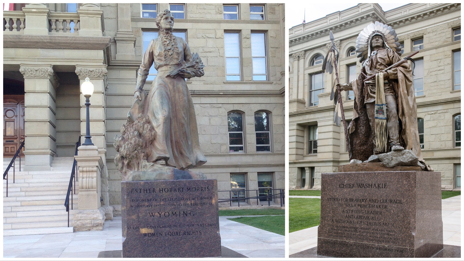 Sculptures of Esther Hobart Morris and Chief Washakie used to be featured prominently outside the Wyoming Capitol building in Cheyenne.