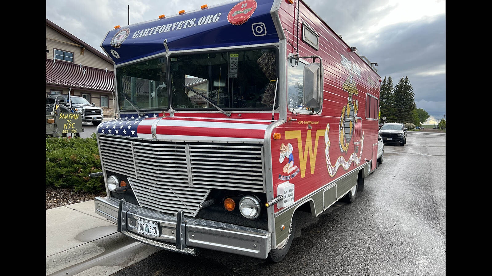 This 1973 Winnebago Brave is a rolling advertisement for the Marines and Scott Montefusco's GART For Vets organization.