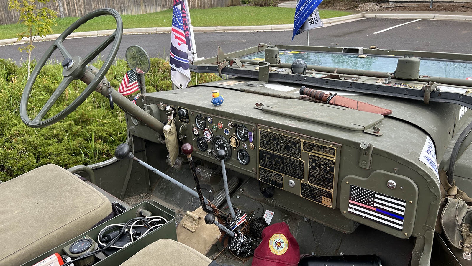 The cockpit of Little Glory, a 1952 Willys Jeep.