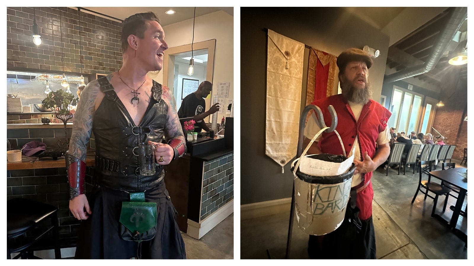 Paul “The Barbarian” Miller, left. Right, the King’s Bard, who roams from table to table singing old Irish songs.