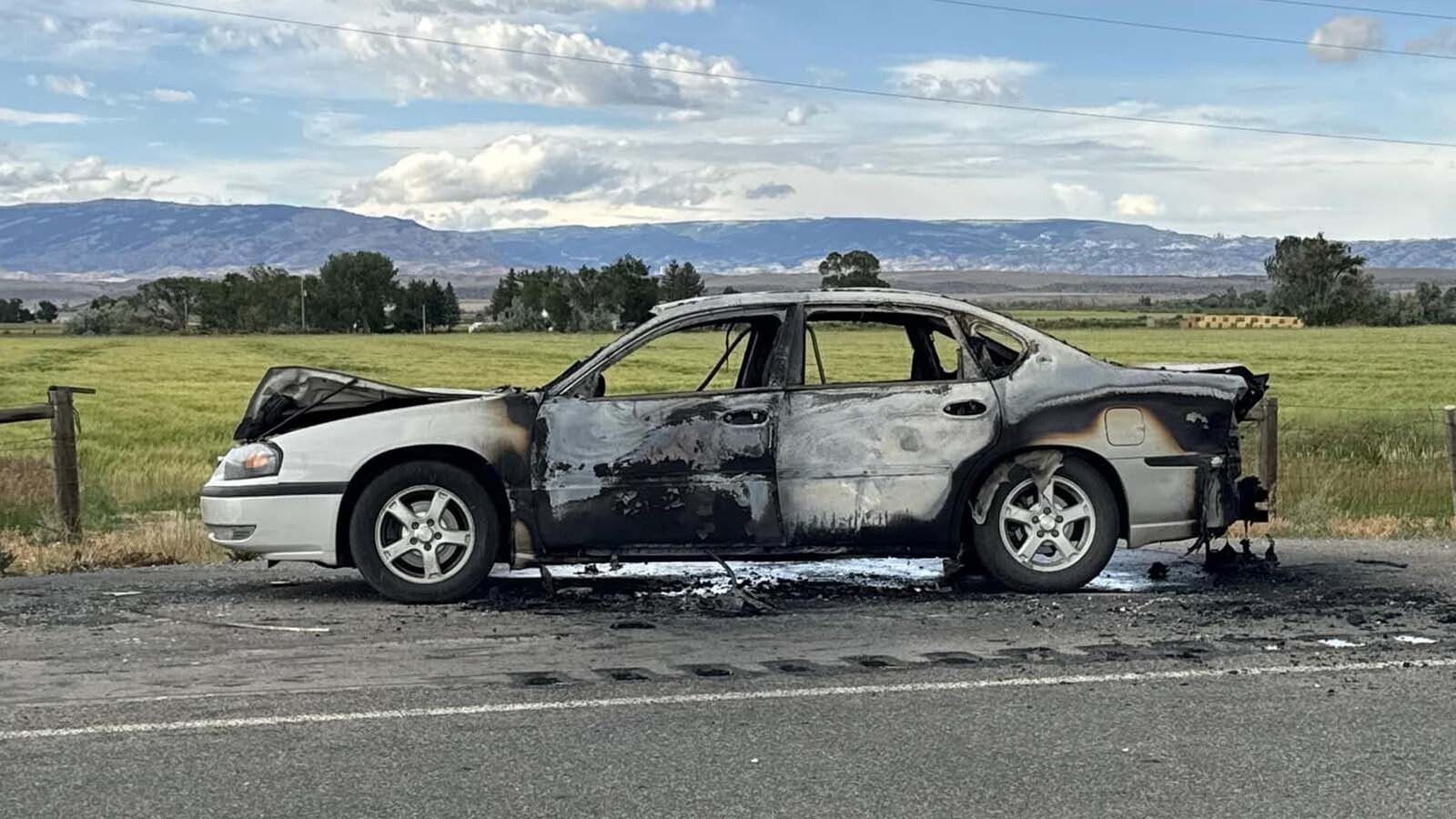 Four males were seriously burned on the Fourth of July when a cigarette sparked off some fireworks inside this car, setting it on fire.