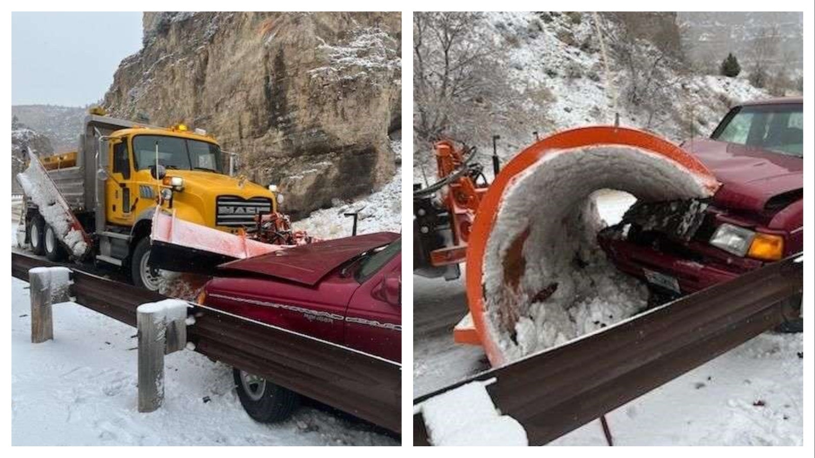 A slow-moving Ford Ranger slid into a WYDOT plow truck in the Ten Sleep Canyon on Thursday.