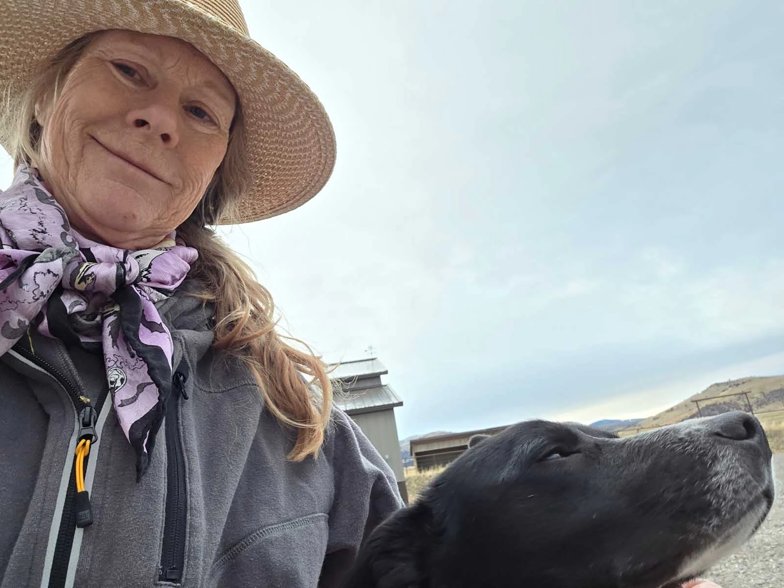 Linda, an owner, pictured here with her dog Jake, runs a livestock carcass composting site near Norris, Montana.