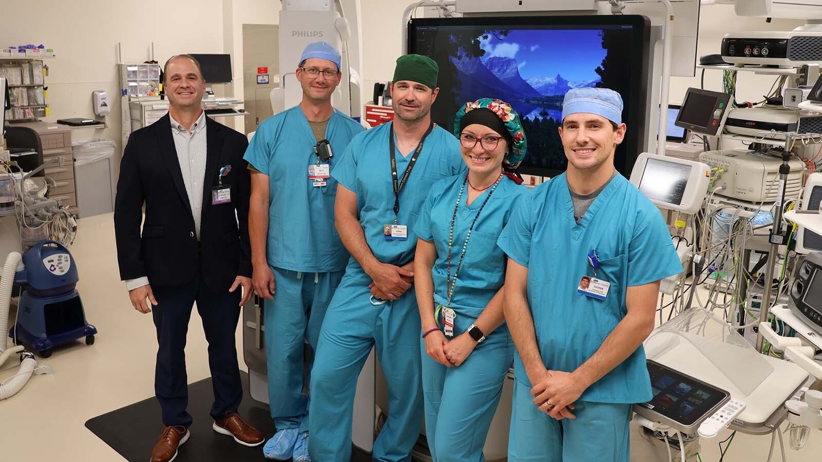 Some of the members of the new EP lab team are from left, Dr. David Bicknell, Matt Carey, R.N., Andrew Parsell, cardiology interventional technologist, Maranda Morris, R.N., and Tucker Bopp, cardiovascular procedure technologist.
