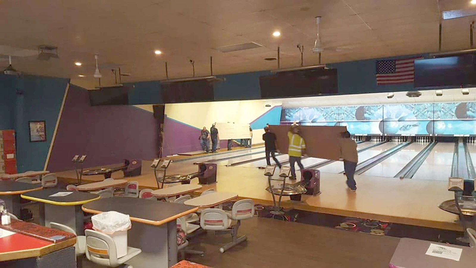 Worland friends of the bowling alley helped unload the lanes at Hurricane Lanes in 2021.