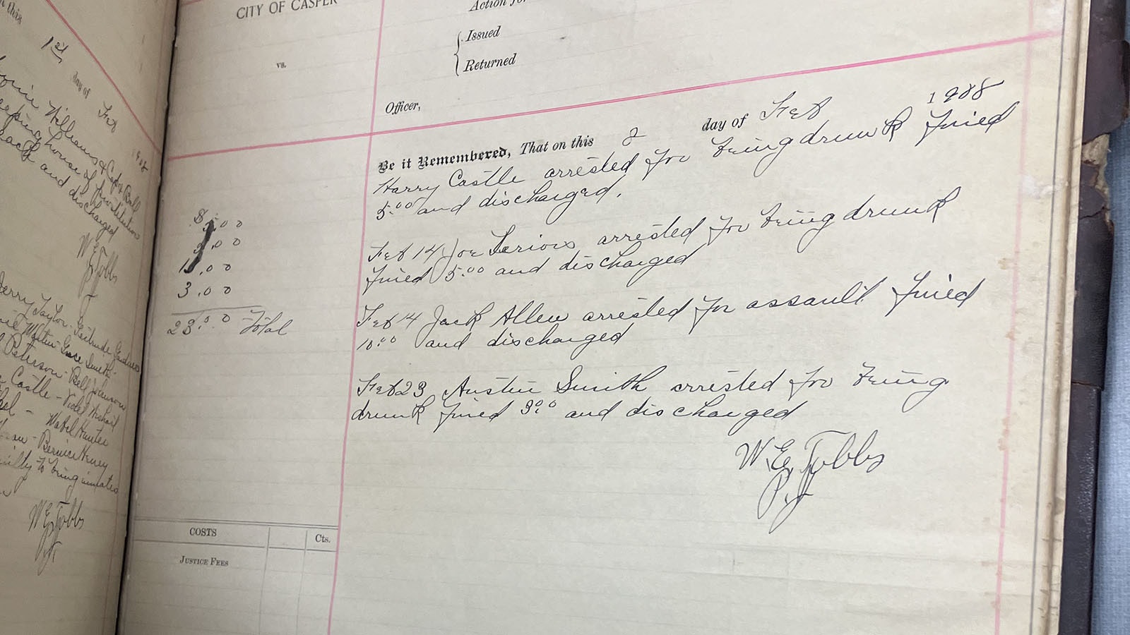 Entries in the police docket book in February 1908 detail charges of drunkenness and assault.