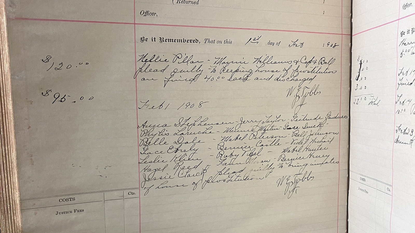 Casper Police Court Docket page from Feb. 1, 1908, shows there was a raid at a house of prostitution.