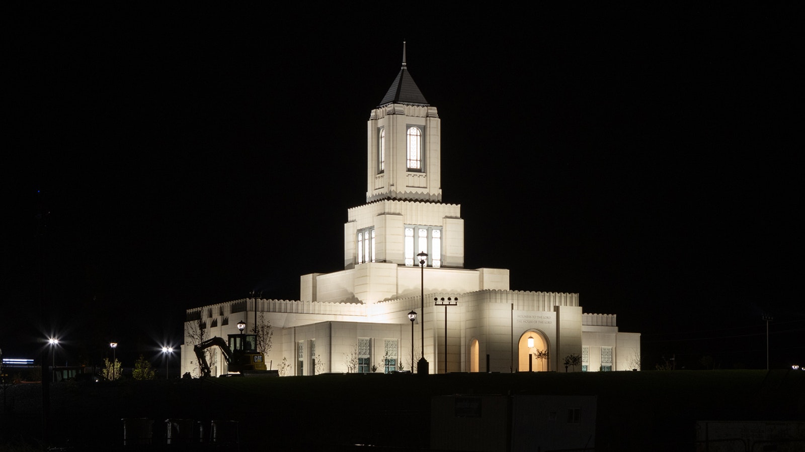 A new Church of Jesus Christ of Latter-day Saints temple in Casper, Wyoming, is close to being completed. It's seen here illuminated at night.