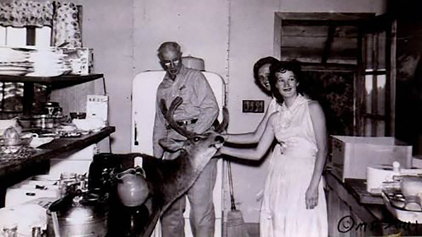 A pet deer named Bimbo was part of the Wa-Wa Lodge staff in the 1950s. Here Jack Cummings and staff members give Bimbo some love.