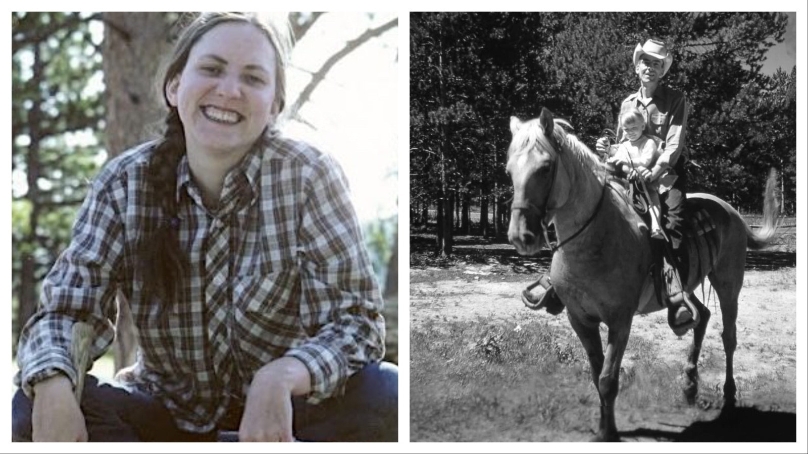 Left, Julie (Street) York building her log cabin on Casper Mountain. Right, Roy Street, Julie York’s father, asked her mother to help him write a book about the mountain. With Street is York’s sister, Laura.