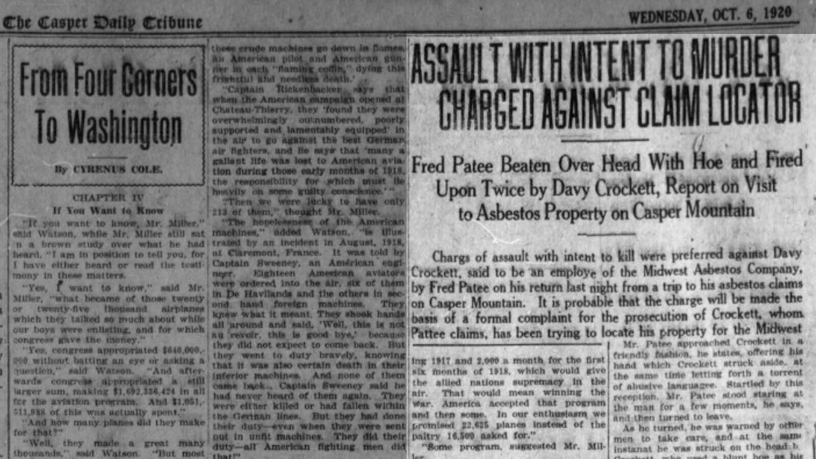 The Casper Daily Tribune in October 1920 chronicled the attack by Davy Crockett on a man at his asbestos mining site.