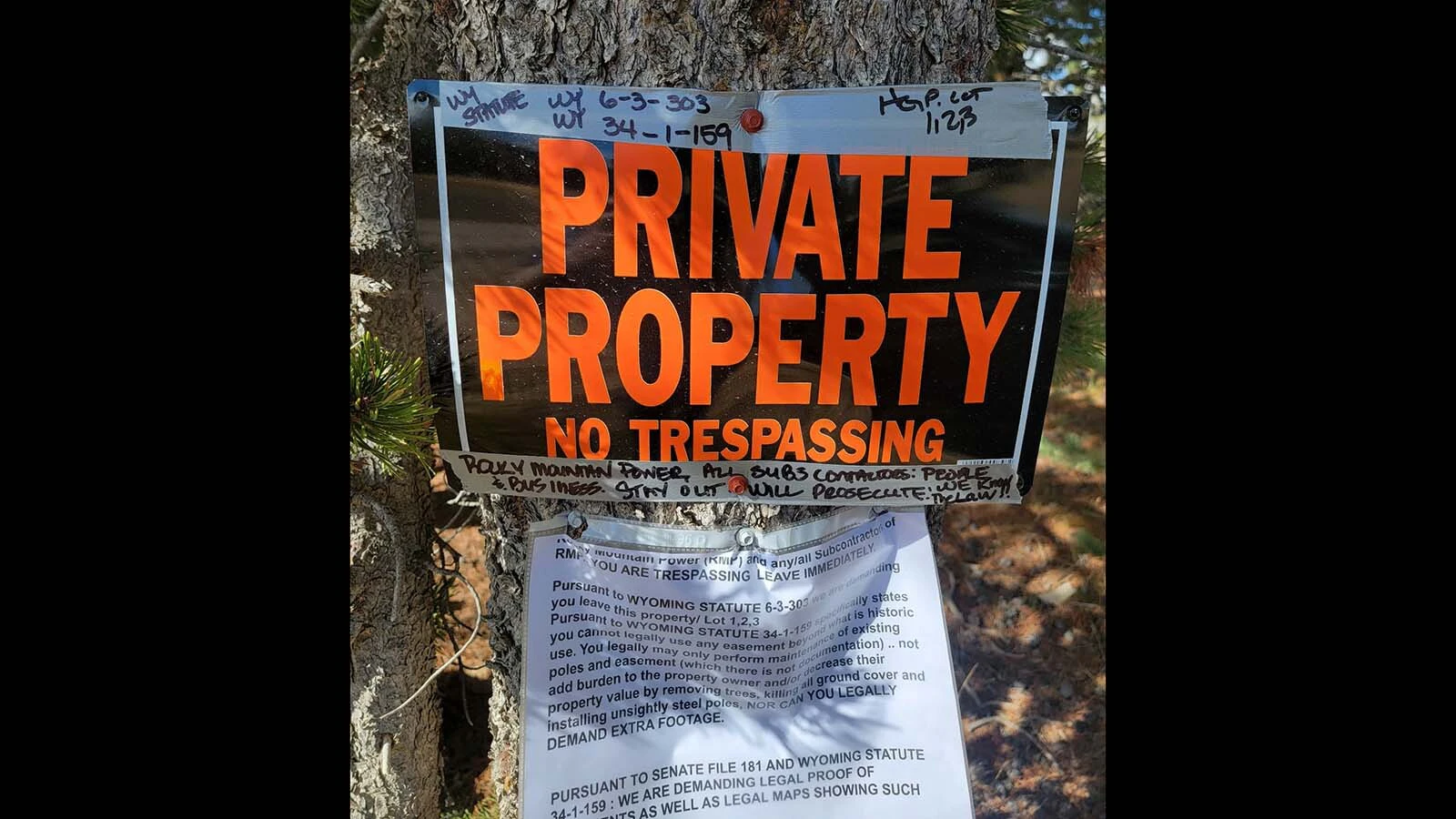 Lisa Evers has put yellow caution tape around her property, including the tree where her father's ashes are buried, to prevent Rocky Mountain Power from fire mitigation work.