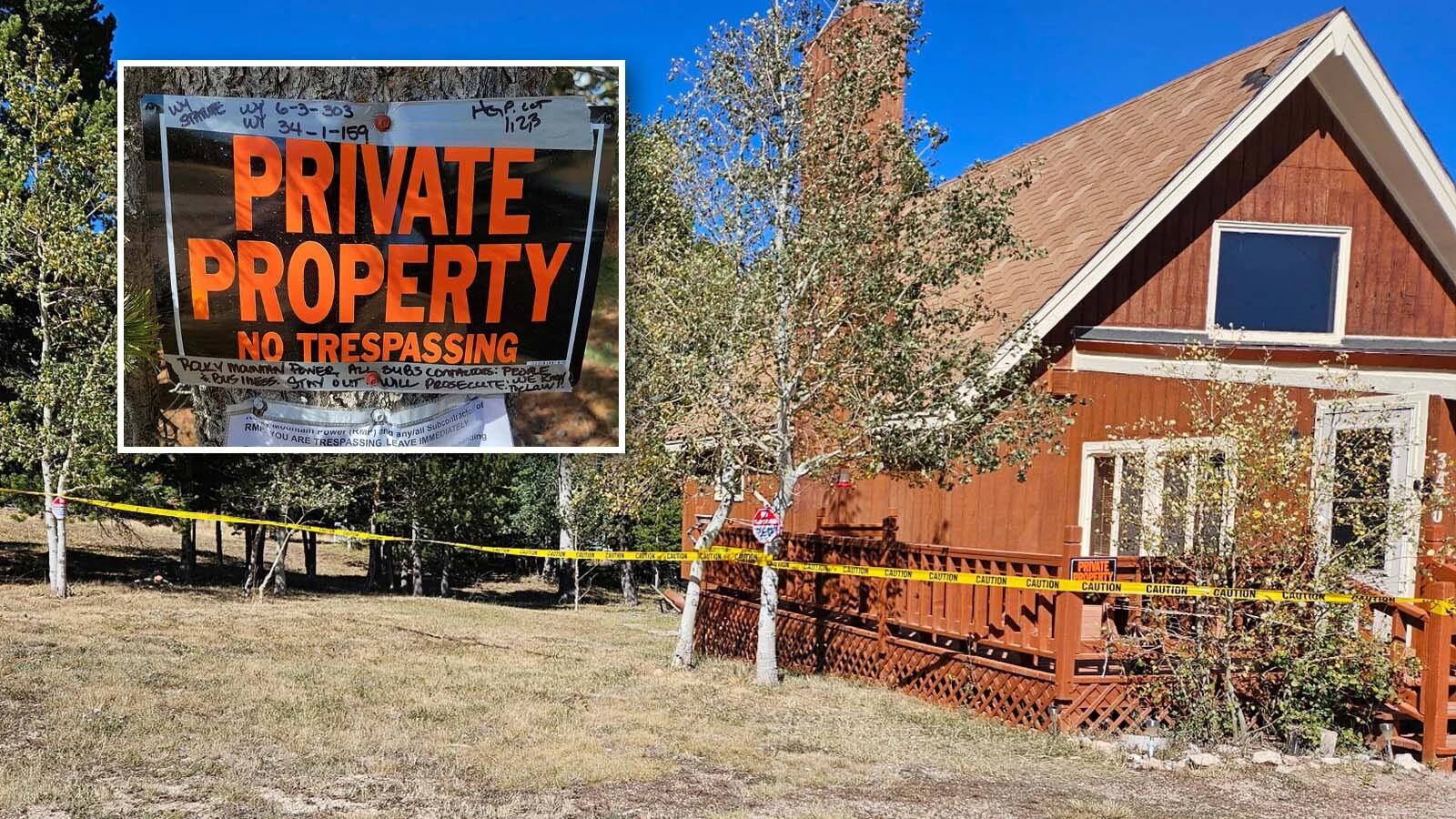 Lisa Evers has put yellow caution tape around her property, including the tree where her father's ashes are buried, to prevent Rocky Mountain Power from fire mitigation work.