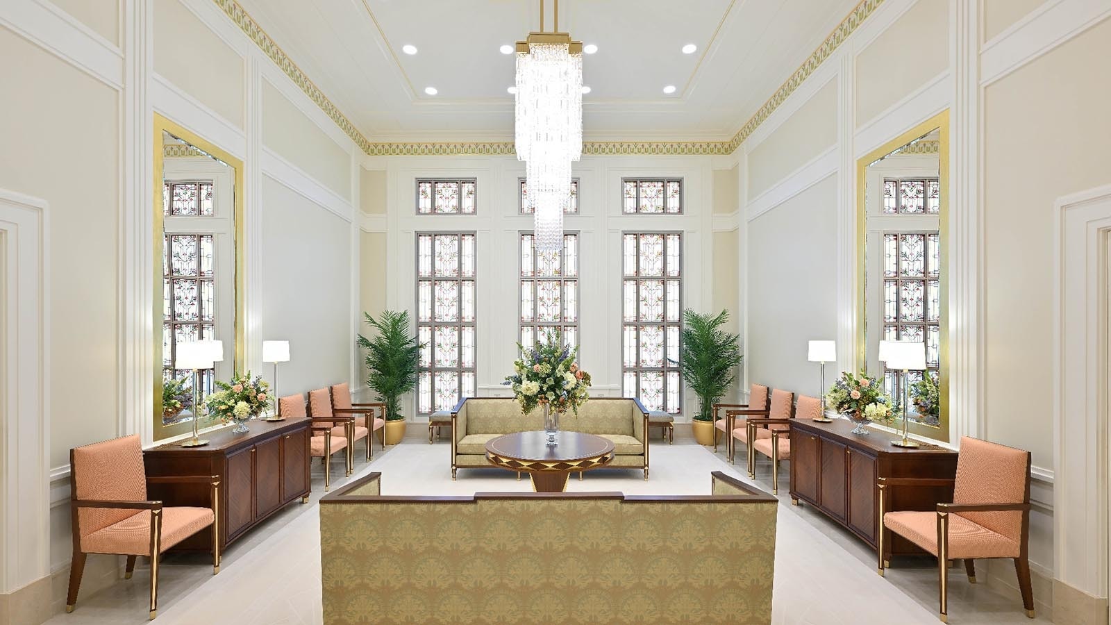 A wide view of the Celestial Room inside the Casper, Wyoming, LDS temple. People are getting a first look inside the new temple.