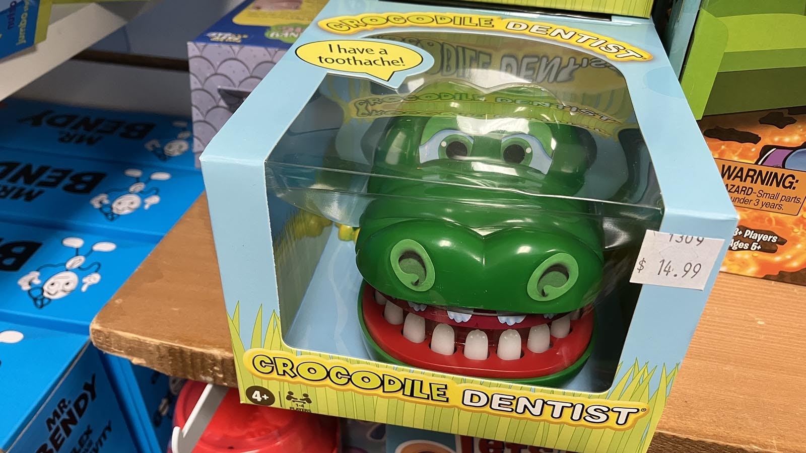 Crocodile Dentist remains a popular game for younger children. The object is to find the bad tooth without getting your hand bitten.