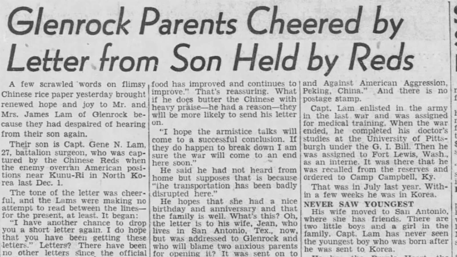 Casper Tribune-Herald – The Glenrock parents of Capt. Gen Lam, M.D., were happy to know their son is alive as reported in the Casper Tribune-Herald on Nov. 19, 1951.