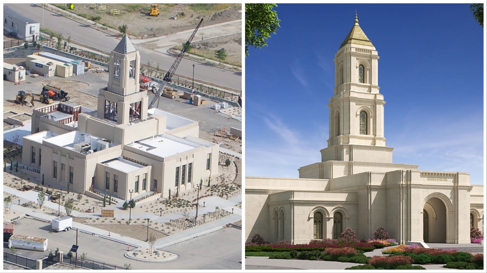 The Casper Church of Jesus Christ of Latter-day Saints temple left, is nearing completion wile the proposed Cody Wyoming Temple, right, has had months of controversy and opposition.
