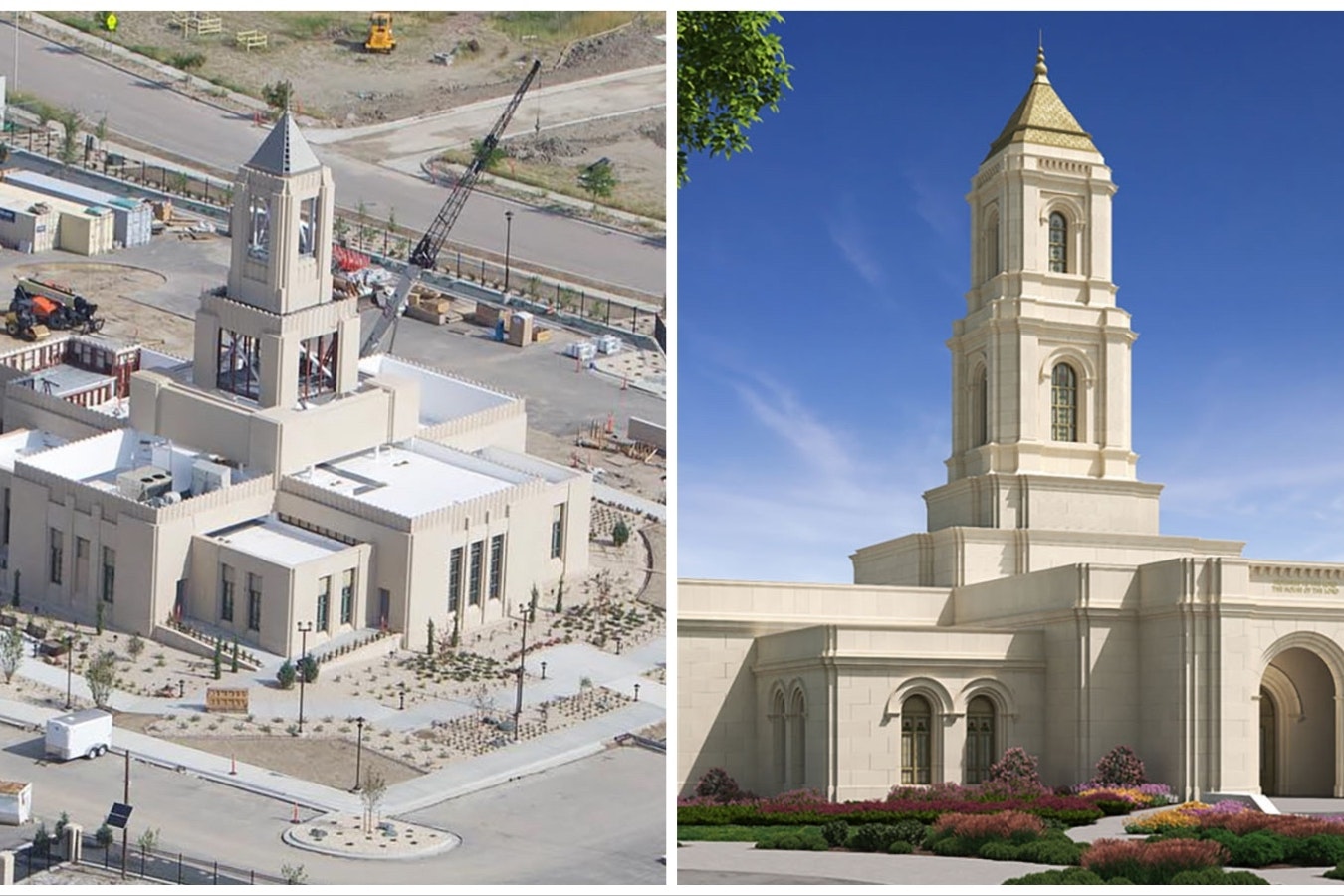 The Casper Church of Jesus Christ of Latter-day Saints temple left, is nearing completion wile the proposed Cody Wyoming Temple, right, has had months of controversy and opposition.
