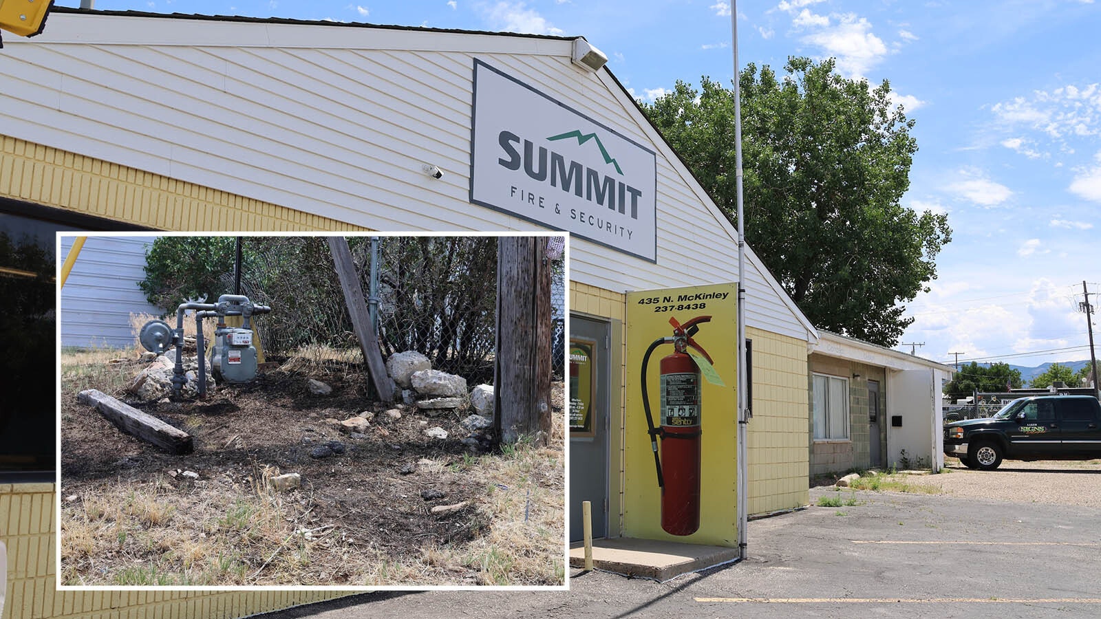 Summit Fire & Security at 435 N. McKinley in Casper is one of the five locations where a suspected arsonist struck. Employee Jason Thomas said when he arrived at work Thursday morning the grass was smoking around the gas meter behind their business.