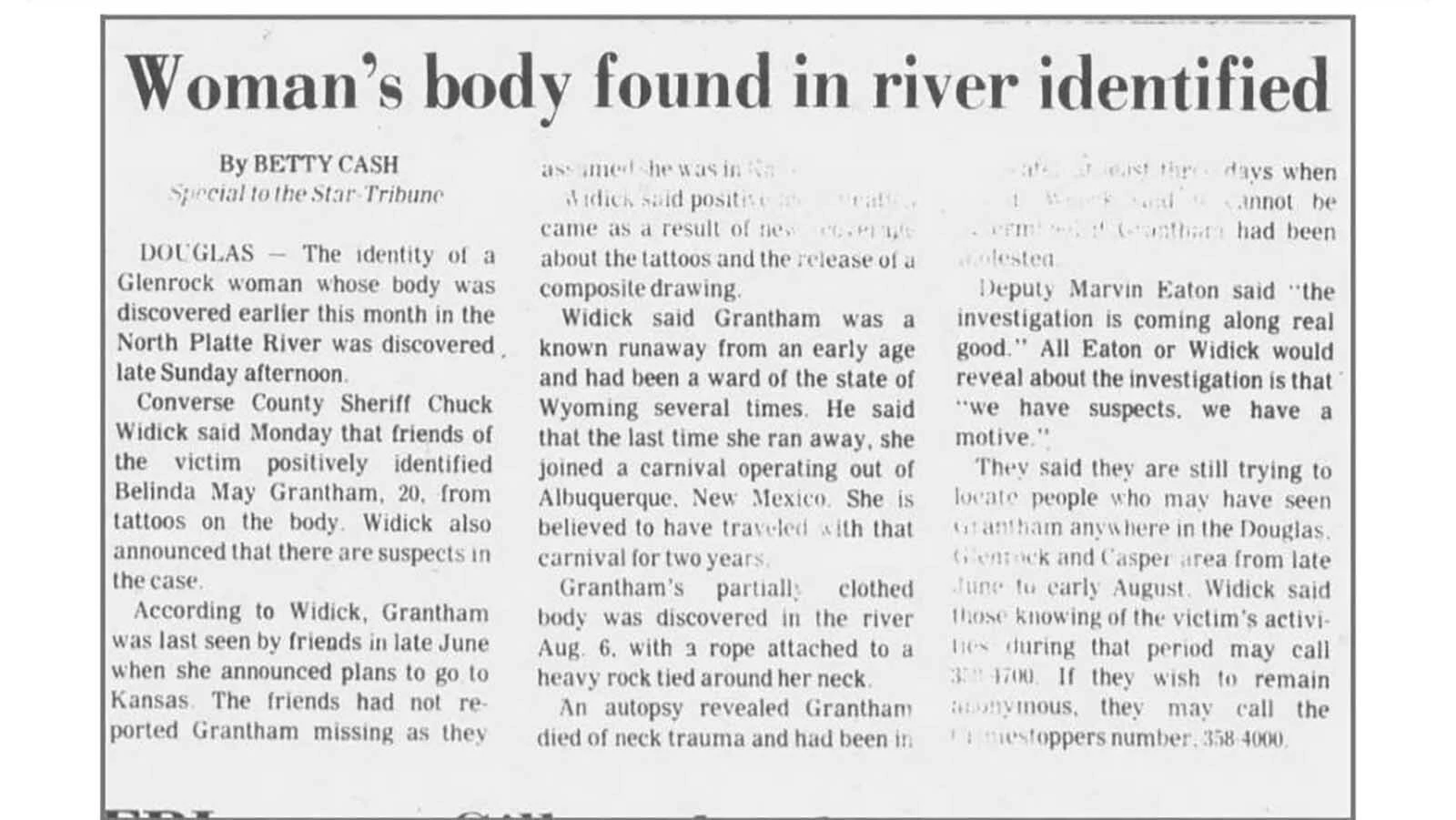 A Casper Star-Tribune story from when Belynda May Grantham was identified.