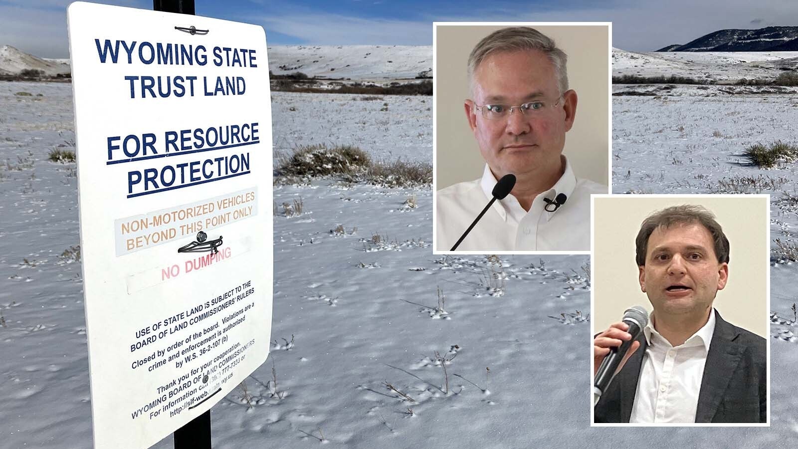 A Natrona County District Court judge on Tuesday reversed the Wyoming State Board of Land Commissioners’ denial of leases for a controversial gravel mining operation at the base of Casper Mountain. Prism Logistics Manager Kyle True, top, cheered the ruling. Secretary of State Chuck Gray, seen below during a 2024 meeting in Casper, opposed the gravel plans and vowed to keep fighting the project.