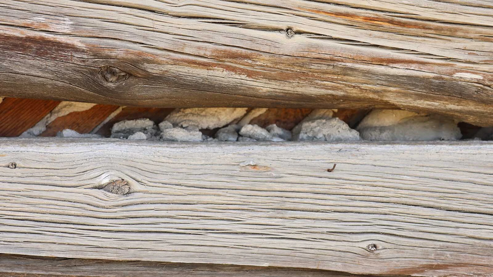 The filler used to seal the logs is mostly gone of the cabin now.