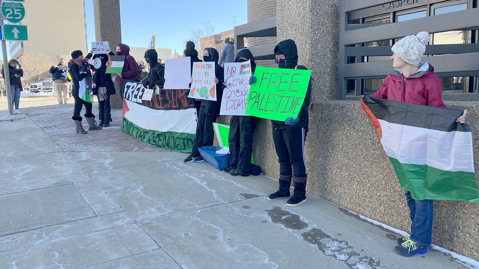 First Street in Casper on Wednesday afternoon featured a group with signs protesting Israel and the current war that is on pause in the Gaza Strip.