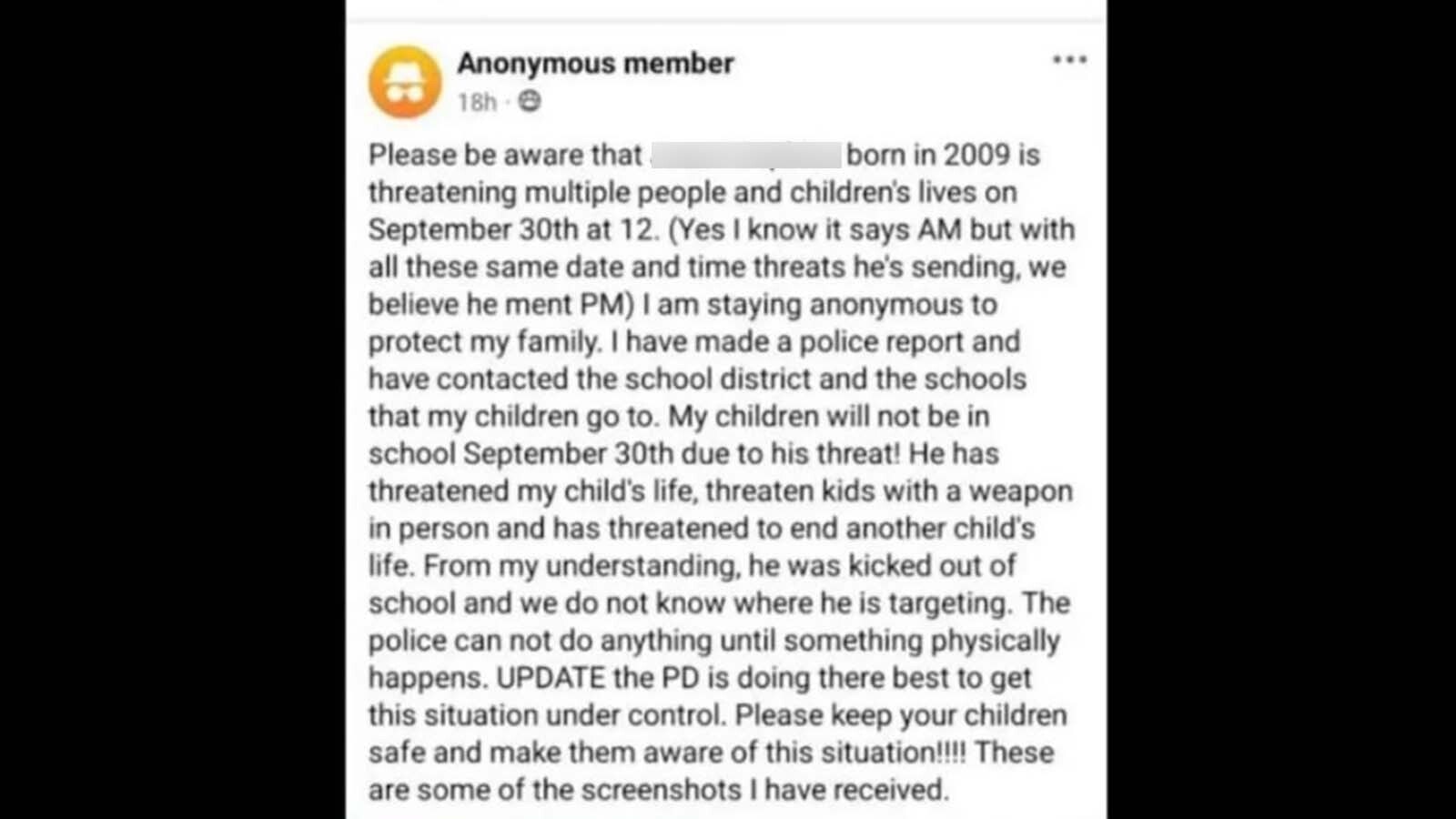 A screenshot of a social media post outlining an alleged threat to kill people at school in Casper on Monday, Sept. 30, 2024. A name of a juvenile has been redacted by Cowboy State Daily.