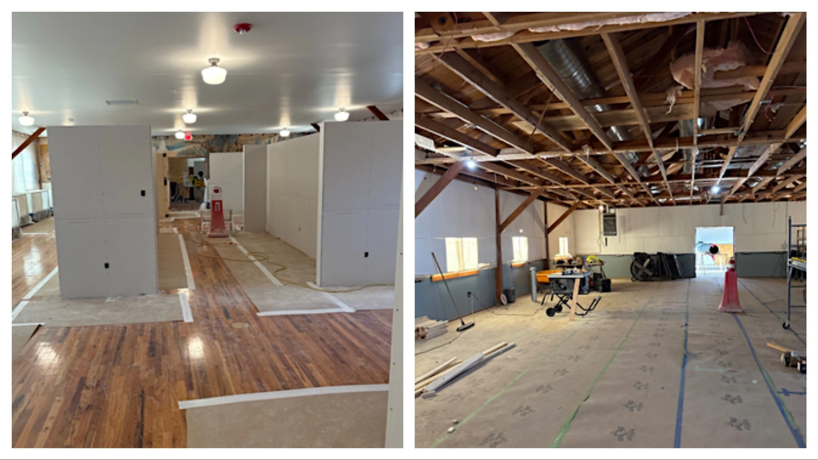 Special block walls covered by drywall have been installed. But the walls can be reconfigured easily in the future by removing the drywall. Work by Dick Anderson Construction on the museum involved taking out the ceiling and installing duct work and a new ceiling.